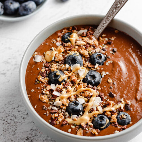 Bowl Of Thick Chocolate Smoothie Made With Plant Protein